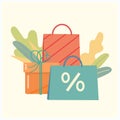 Autumn sales and discounts. Gifts and purchases, shopping bags on a background of autumn leaves. Vector illustration for