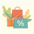 Autumn sales and discounts. Gifts and purchases, shopping bags on a background of autumn leaves. Vector illustration for the