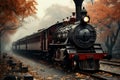 Autumn scene at classic train station steam locomotive, falling leaves, nostalgic art, warm tones