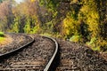 Autumn scene with curving steel rail tracks in diminishing perspective Royalty Free Stock Photo