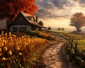 an autumn scene with a farm and a house on the side of the road Royalty Free Stock Photo