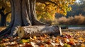 Autumnal Still Life: Majestic Tree Trunk with Fallen Log and Apples in a Forest Setting Royalty Free Stock Photo