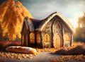 Autumn scene with a gingerbread house. Bread house, 3d rendering. Generative AI.