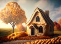 Autumn scene with a gingerbread house. Bread house, 3d rendering.