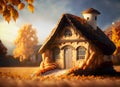 Autumn scene with a gingerbread house. 3d rendering.