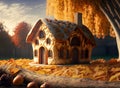 Autumn scene with a gingerbread house. 3d rendering.