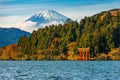 Autumn scene of mountain Fuji, Lake Ashinoko and red Torii gate, Hakone, Japan Royalty Free Stock Photo