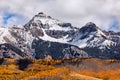 Autumn scene with snow and fall colors in the San Juan Mountains near Telluride, Colorado Royalty Free Stock Photo