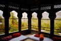 Autumn scene through windows of Khaplu palace, Pakistan.