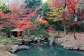 Autumn scene of a wooden gazebo under colorful maple trees by an emerald pond in a peaceful zen-like atmosphere in Rikugi-en Park Royalty Free Stock Photo
