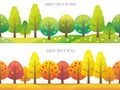 Set of two seamless cartoonish forest vector illustration. One is in spring and the other is in autumn.