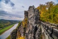 Autumn scenery of Bastei bridge, Elbe Sandstone mountains and Elbe valley. Saxon Switzerland National Park, Germany