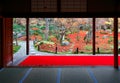 Autumn scenery of a beautiful Japanese Garden in Kyoto Japan, with view through the sliding doors shoji of Enkouji Royalty Free Stock Photo