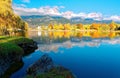 Autumn scenery of beautiful Lake Ritzensee on a sunny day in Saalfelden, Salzburger Land, Austria
