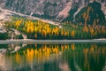 Autumn scenery on Braies Lake, Dolomite Alps, Italy Royalty Free Stock Photo