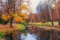 Autumn scenery with colored trees reflected in the river, Arboretum Oleksandriya, Bila Tserkva, Ukraine