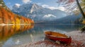 Autumn scenery with mountain, river and boat.