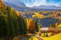 Autumn scenery of Dolomite Alps. Alpine village Santa Cristina Val Gardena, Italy Royalty Free Stock Photo