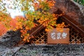 Autumn scenery of fiery maple foliage over the thatched roof Royalty Free Stock Photo