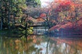 Autumn scenery fiery maple trees reflected on the peaceful lake water and a wooden bridge