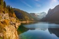 Autumn scenery of Gosausee lake with Dachstein glacier on background. Salzkammergut region, Upper Austria