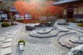 Autumn scenery of a Japanese rock garden  zen garden, dry landscape, or karesansui  in morning sunlight, at Honryutei in Enkouji Royalty Free Stock Photo