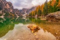 Autumn scenery of Lake Braies in Dolomite Alps, Italy Royalty Free Stock Photo