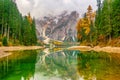 Autumn scenery of Lake Braies, Dolomite Alps, Italy Royalty Free Stock Photo