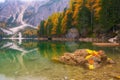 Autumn scenery of Lake Braies in Dolomite Alps, Italy Royalty Free Stock Photo