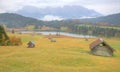 Autumn scenery of Lake Geroldsee in a foggy morning