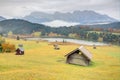 Autumn scenery of Lake Geroldsee with Karwendel mountains in the background Royalty Free Stock Photo