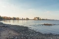 autumn scenery at Peterhof shore with flying birds Royalty Free Stock Photo