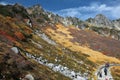 Autumn scenery of rugged mountain peaks and a hiking trail by the mountainside in Senjojiki Cirque