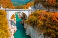 Autumn scenery of Soca river and Napoleon`s bridge near Kobarid, Slovenia Royalty Free Stock Photo