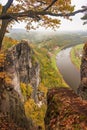 Autumn scenery with top view of Elbe valley in the Saxon Switzerland, Germany