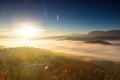 Autumn scenery up early with fog in Zagorochoria, Epirus Greece Royalty Free Stock Photo