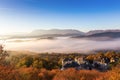 Autumn scenery up early with fog in Zagorochoria, Epirus Greece Royalty Free Stock Photo
