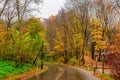 Autumn scenery of winding road, colorful trees and Pieskowa Skala castle in Ojcow National Park, Poland Royalty Free Stock Photo