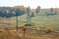 Autumn scenes. Energo. Concept of green energy, power plant, close high-voltage power lines. power distribution station. Royalty Free Stock Photo