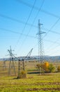 Autumn scenes. Energo. Concept of green energy, power plant, close high-voltage power lines. power distribution station. Royalty Free Stock Photo