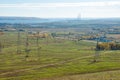 Autumn scenes. Energo. Concept of green energy, power plant, close high-voltage power lines. power distribution station.