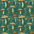 Autumn seamles pattern with fairytale mushrooms. Intricate background with mushrooms, texture design for gift wrap