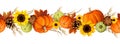 Autumn seamless border with pumpkins, sunflowers, and maple leaves. Vector illustration Royalty Free Stock Photo