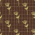 Autumn seamless branch pattern. Dark brown background with check and pastel yellow botanic ornament. Simple backdrop