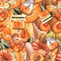 Autumn seamless dense pattern of pumpkins