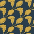 Autumn seamless doodle pattern with hand drawn yellow pale leaves elements. Navy blue pastel background Royalty Free Stock Photo