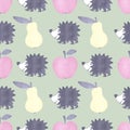 Autumn seamless hedgehog and pears and apples pattern for fabrics and packaging and gifts and kids