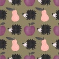 Autumn seamless hedgehog and pears and apples pattern for fabrics and packaging and gifts and kids