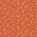 Autumn seamless line pattern with maple, oak, alder and rowan leaves, fly agaric and honey mushrooms on orange background. Fall