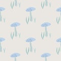 Autumn seamless mushroom pattern. Light grey background with blue fungus silhouettes